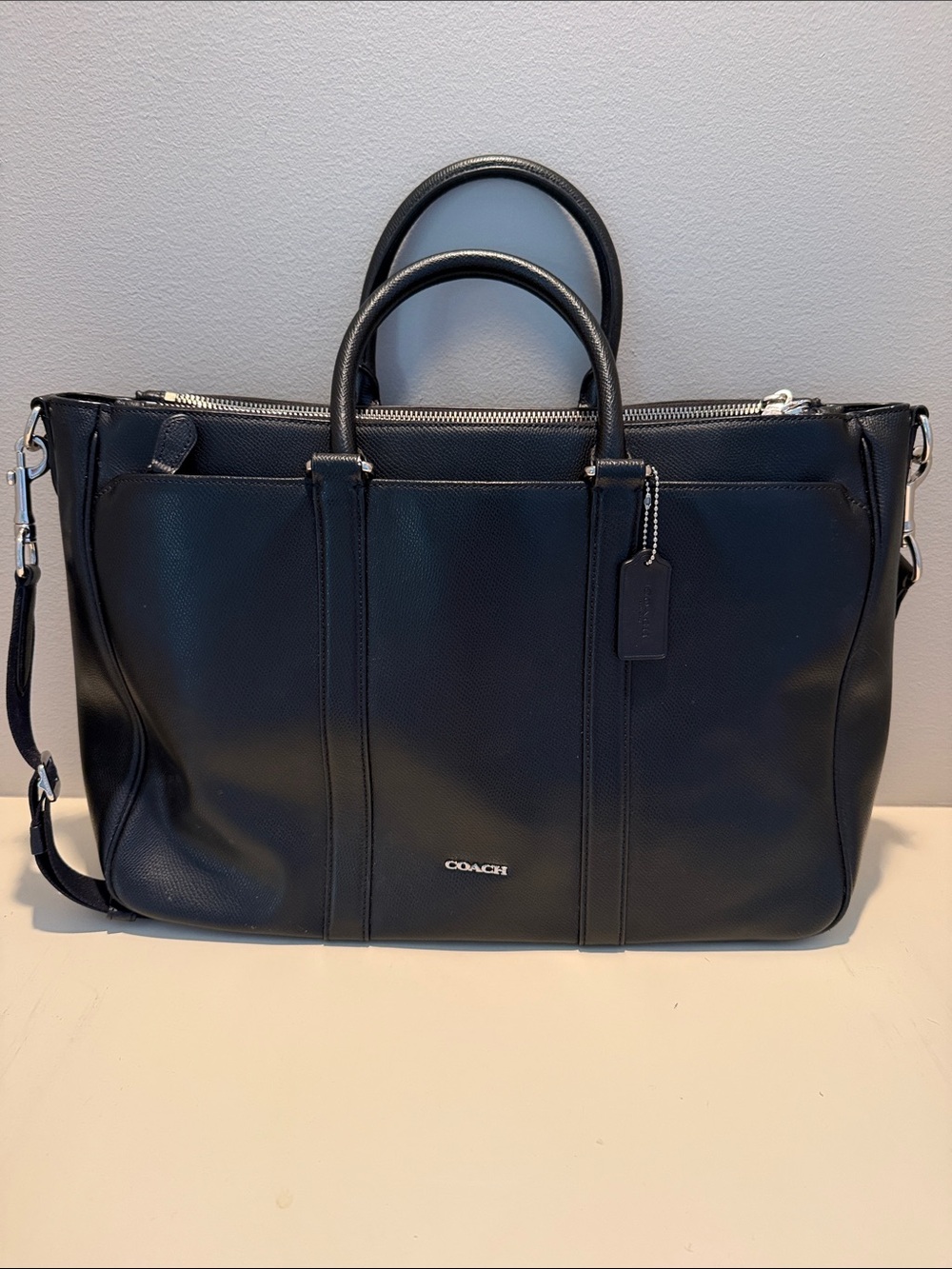 Coach Black Leather Structured Brief Bag with Removable Strap